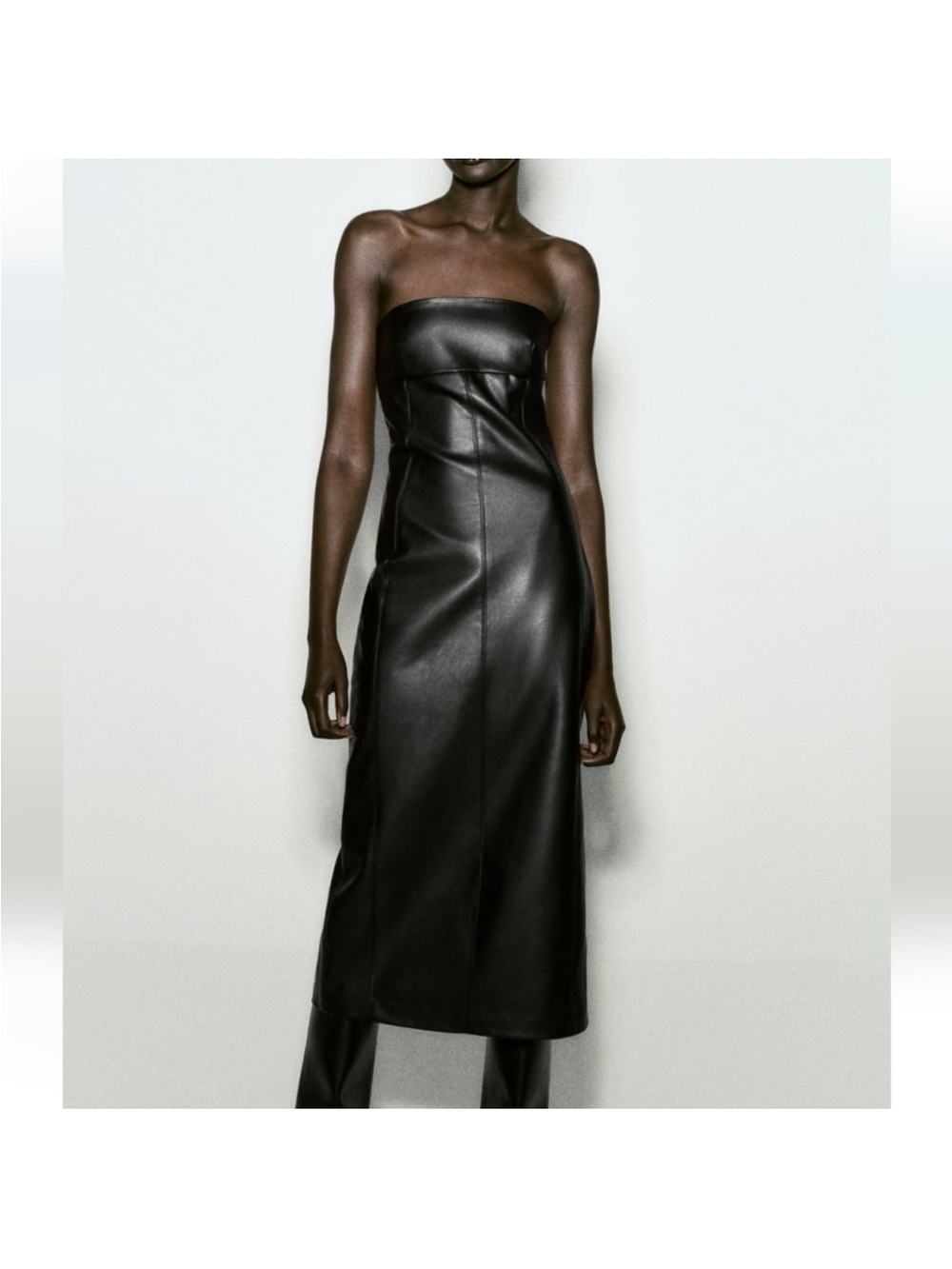 Zara Strapless Black Faux-Leather Midi Dress